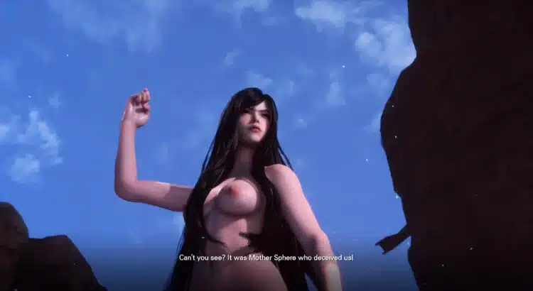 Raven raising her fist against a blue sky in Stellar Blade nude mod