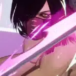 Nude Mileena drawing her glowing pink katana in Marvel Rivals