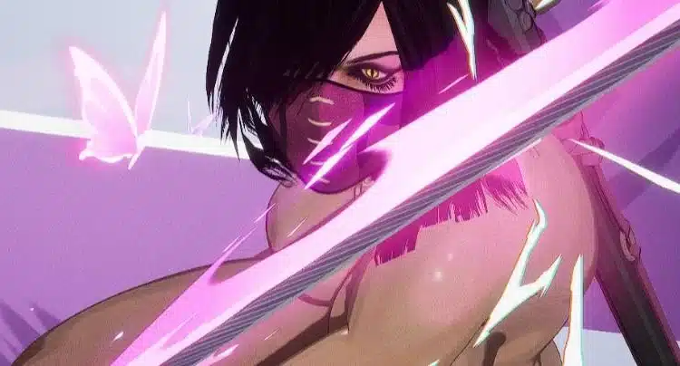 Nude Mileena drawing her glowing pink katana in Marvel Rivals