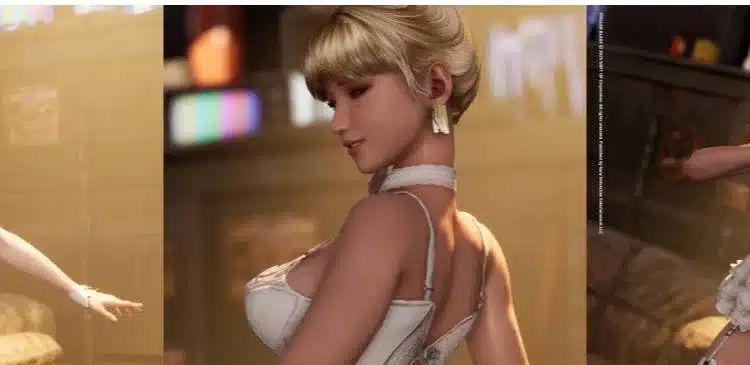 Eve mod for Stellar Blade in white lingerie, posing with heart hands gesture.