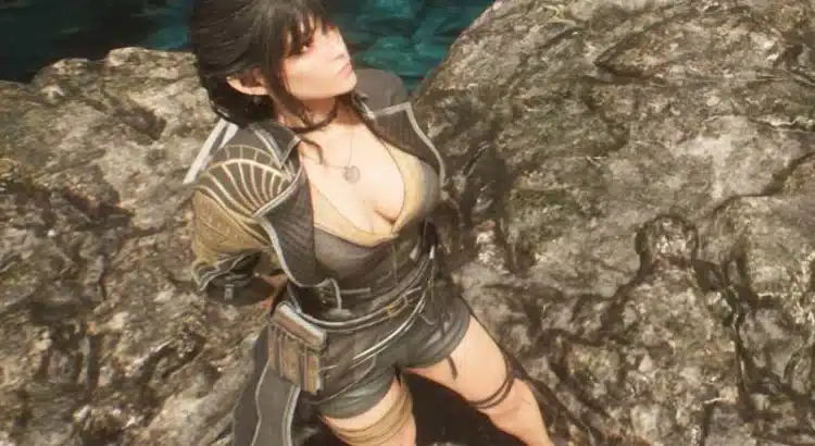 Lune standing on rocky terrain in skimpy outfit