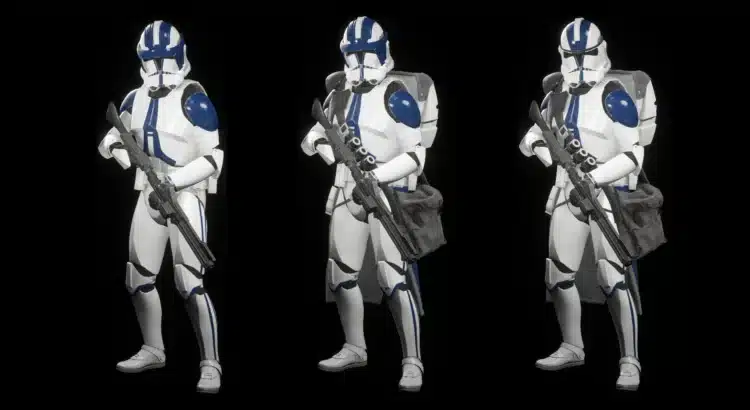 Three 501st Legion Heavy Trooper variations lined up