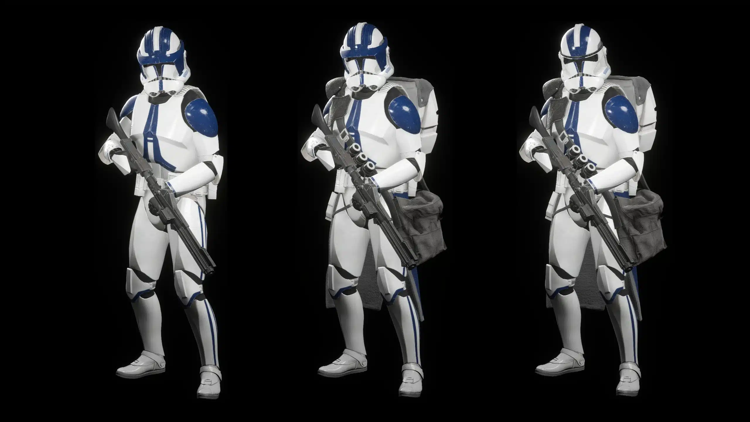 Three 501st Legion Heavy Trooper variations lined up