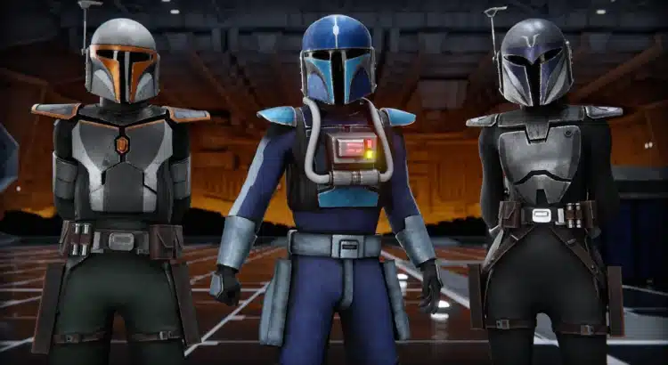 Three Mandalorians in custom armor standing in a hangar