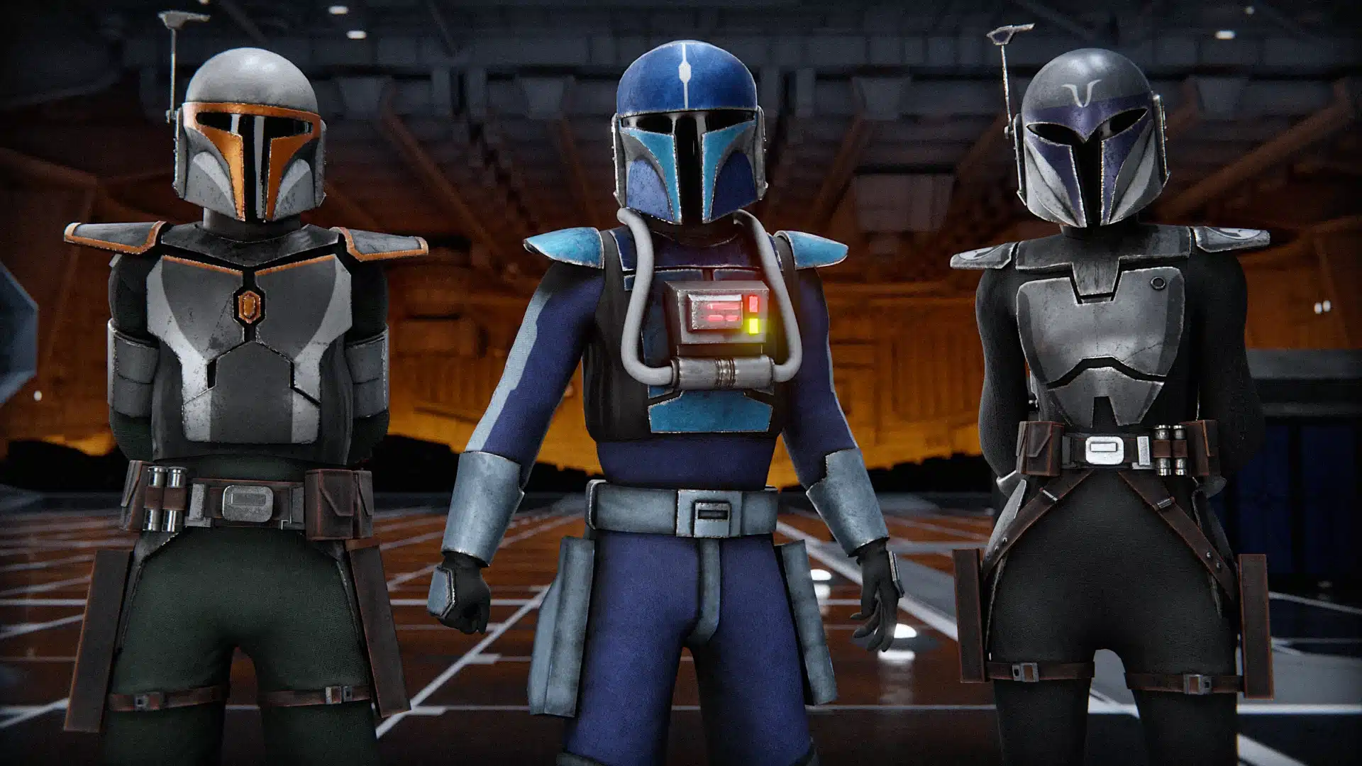 Three Mandalorians in custom armor standing in a hangar
