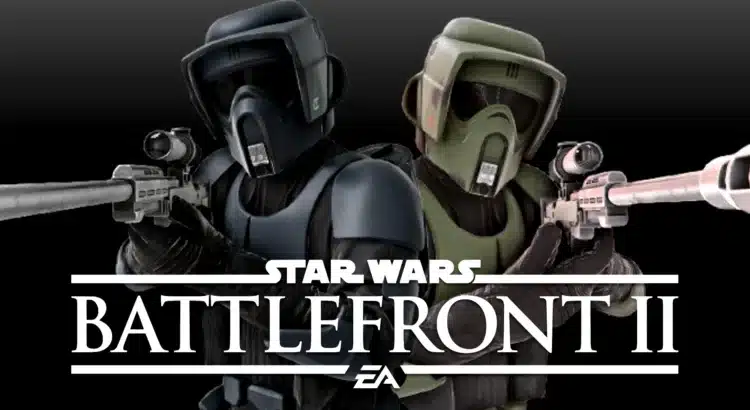 Navy blue and olive green Scout Troopers aiming rifles in Star Wars Battlefront II