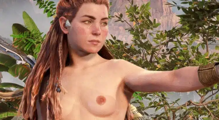 Topless Aloy mod character standing in jungle