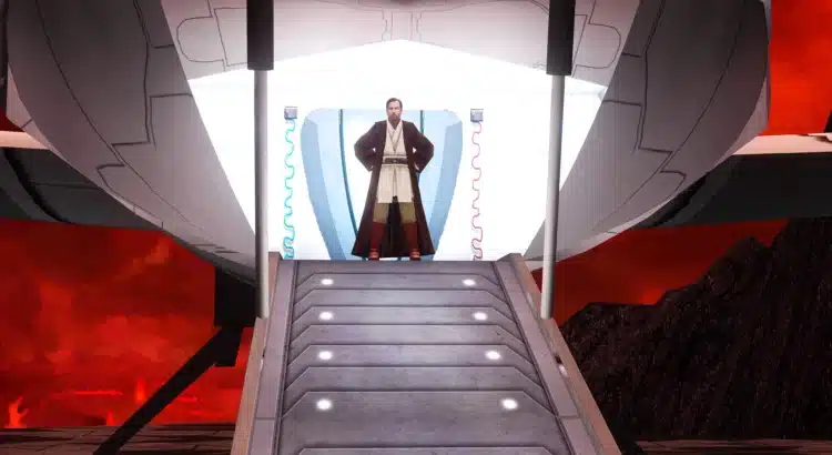 Obi-Wan Kenobi standing at the top of a spaceship ramp with Mustafar's fiery skies in the background.