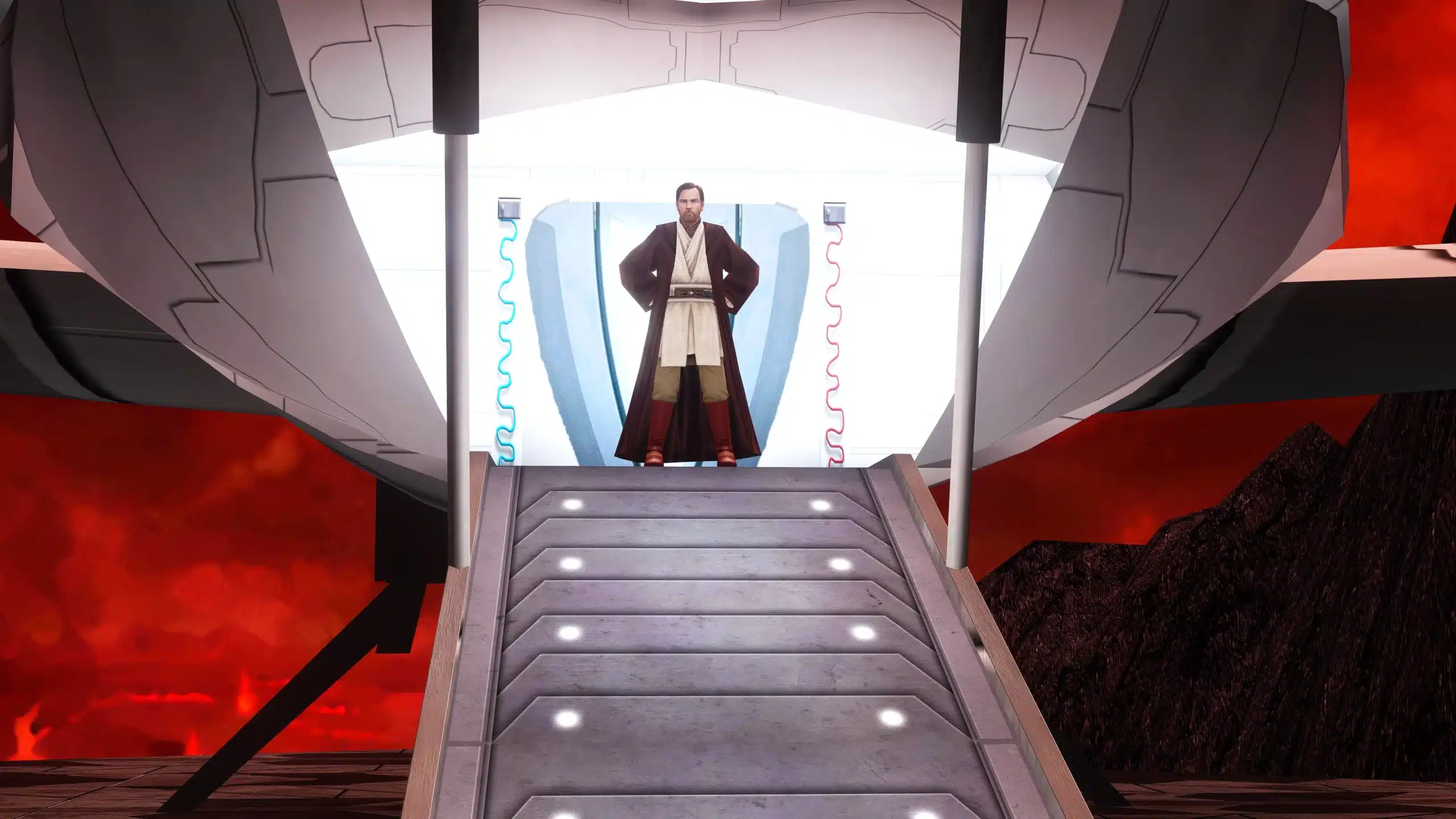 Obi-Wan Kenobi standing at the top of a spaceship ramp with Mustafar's fiery skies in the background.