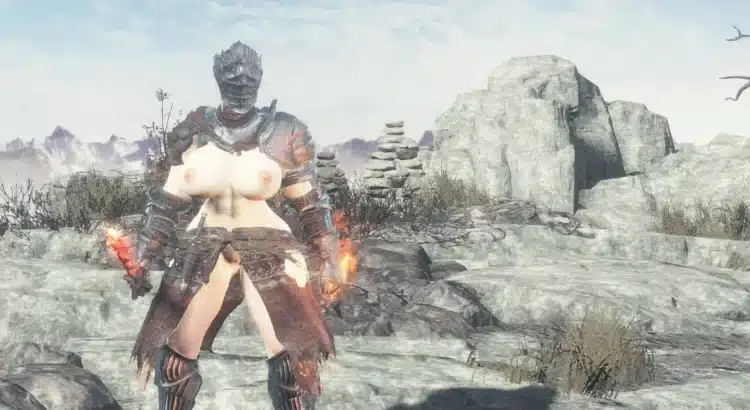 Modded female character in Dark Souls 3 with exposed body and fire gauntlets.