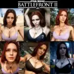 Custom female character mod with red hair and fitness outfit posing in various Star Wars: Battlefront II environments
