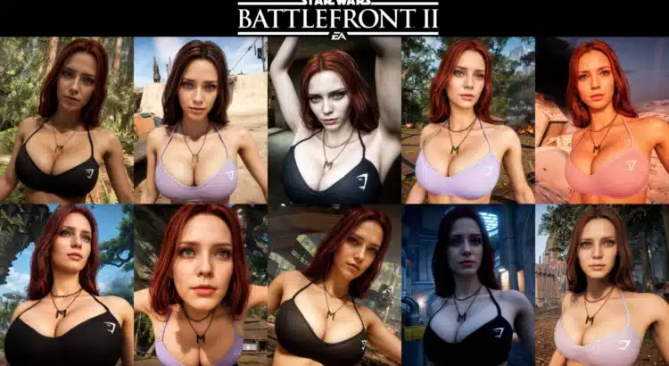 Custom female character mod with red hair and fitness outfit posing in various Star Wars: Battlefront II environments