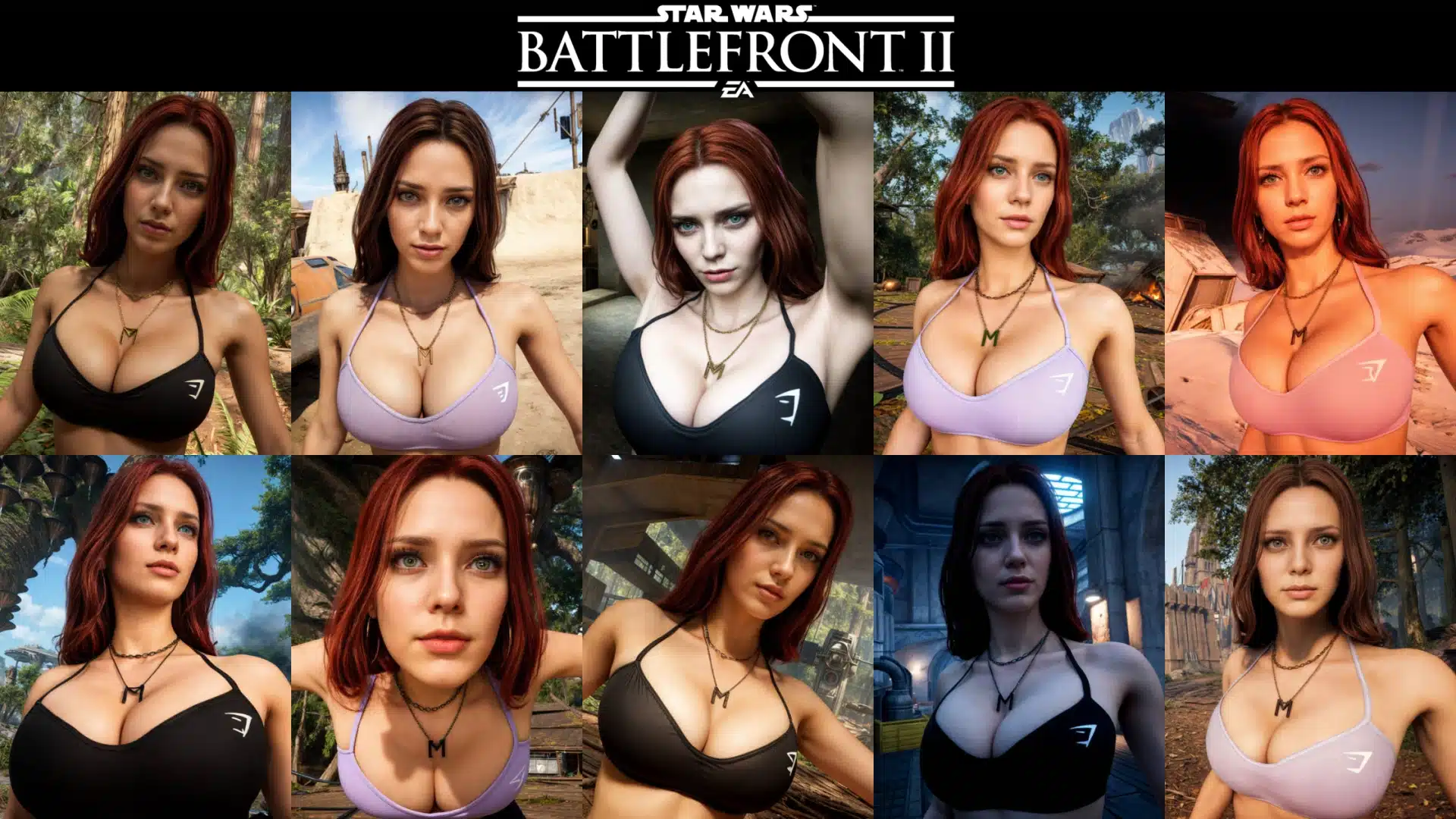 Custom female character mod with red hair and fitness outfit posing in various Star Wars: Battlefront II environments