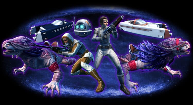 Two SWTOR characters and a probe droid pose alongside rare mounts and speeders from Galactic Seasons 8, all highlighted by a galactic backdrop.