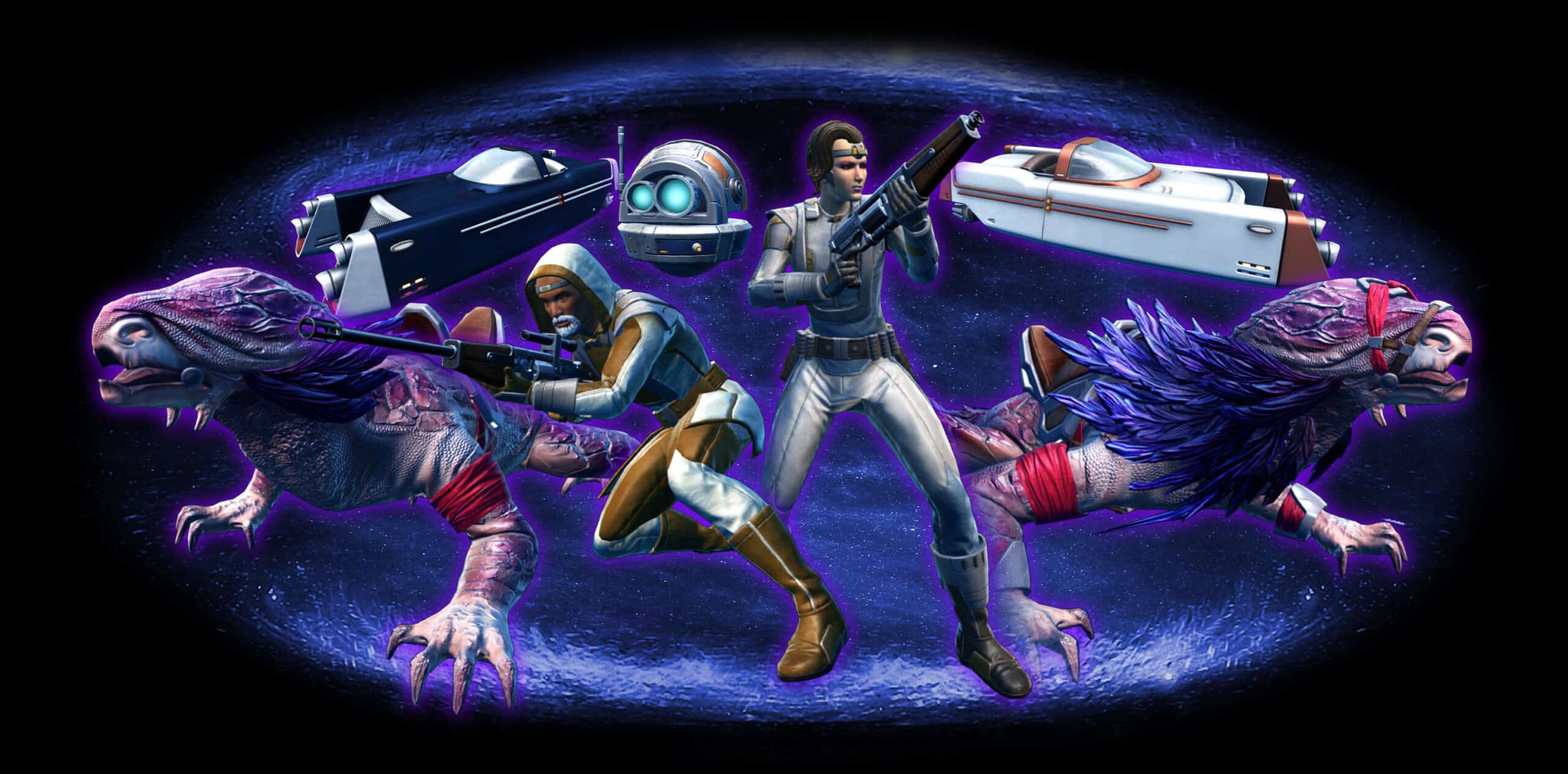 Two SWTOR characters and a probe droid pose alongside rare mounts and speeders from Galactic Seasons 8, all highlighted by a galactic backdrop.