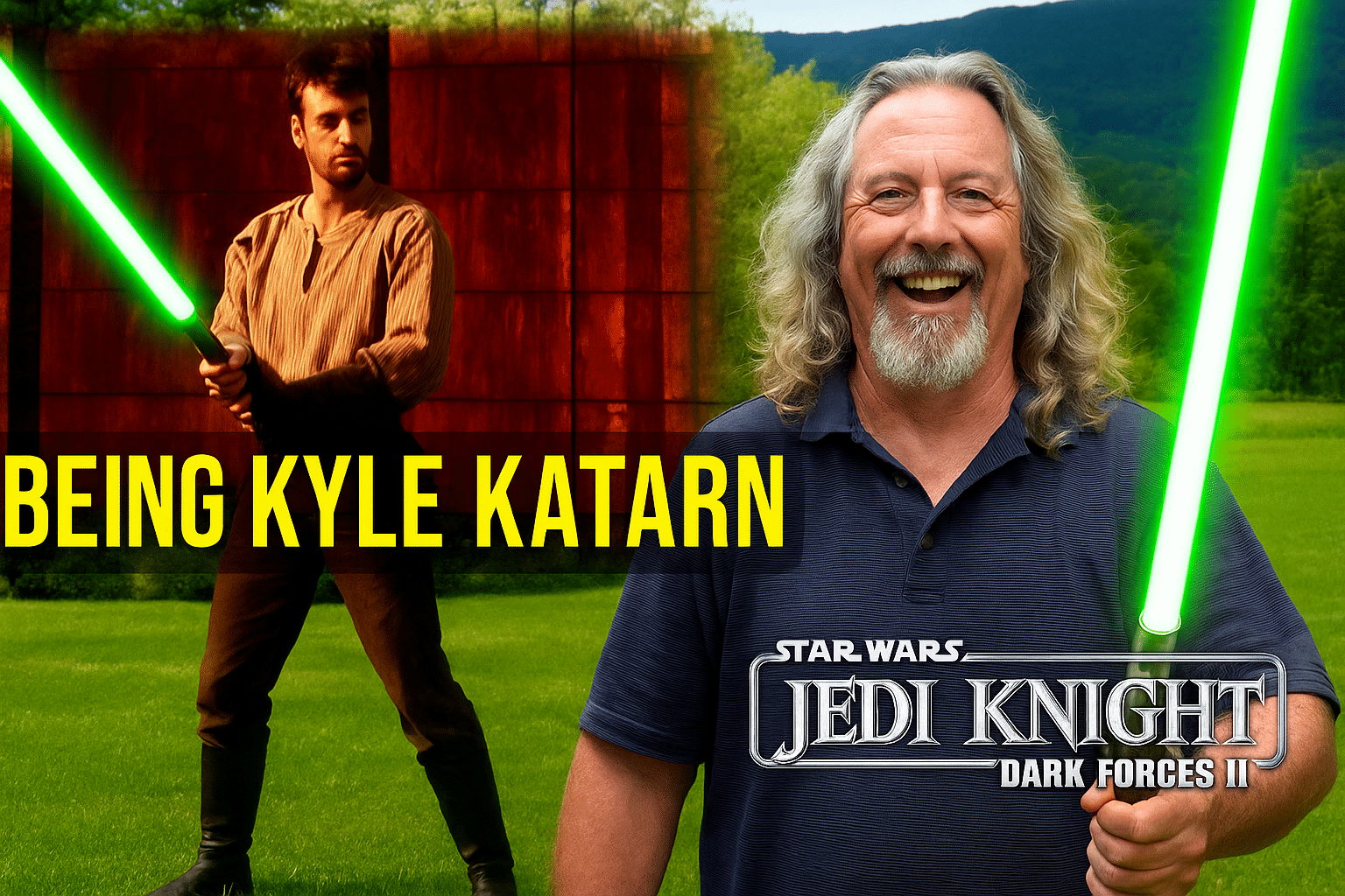 Jason Court then and now as Kyle Katarn in Jedi Knight: Dark Forces II promotional image
