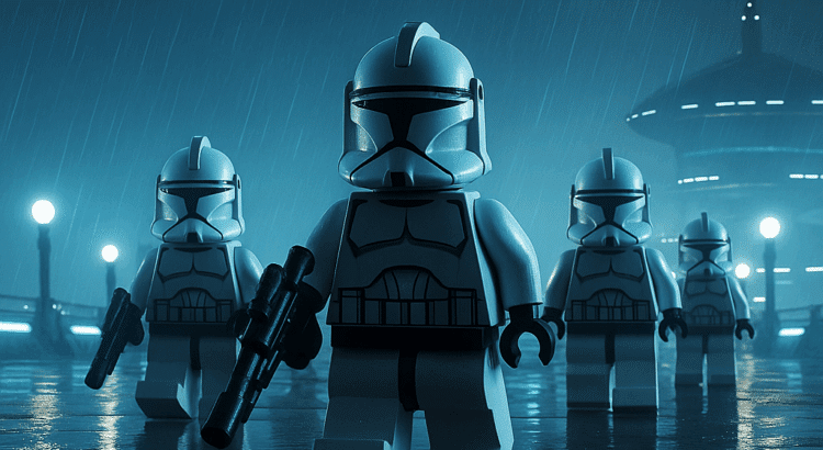 LEGO clone troopers march in the rain on Kamino with gunships overhead