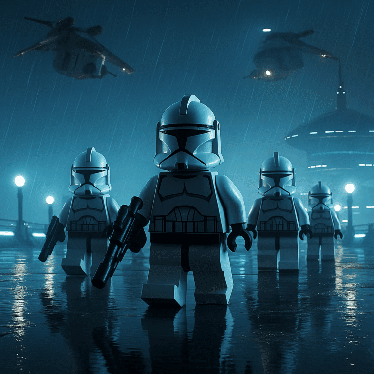 LEGO clone troopers march in the rain on Kamino with gunships overhead