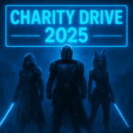 Three futuristic warriors in glowing armor stand beneath a neon-blue “Charity Drive 2025” banner in a sci-fi battlefield.