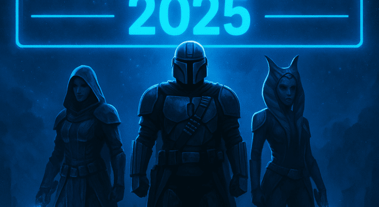 Three futuristic warriors in glowing armor stand beneath a neon-blue “Charity Drive 2025” banner in a sci-fi battlefield.