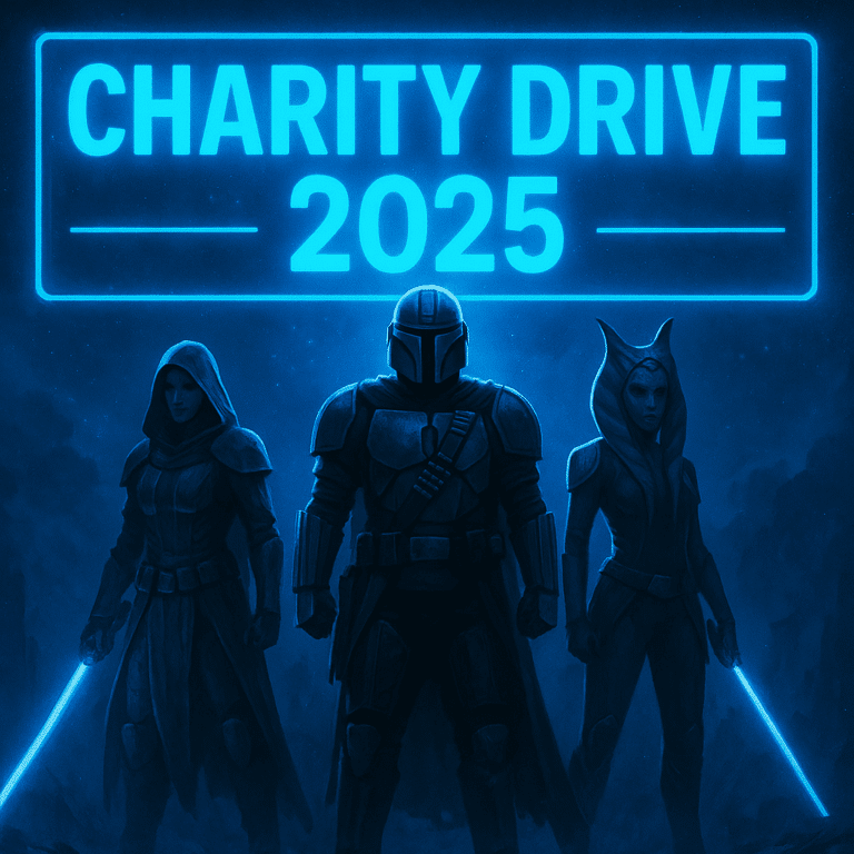 Three futuristic warriors in glowing armor stand beneath a neon-blue “Charity Drive 2025” banner in a sci-fi battlefield.