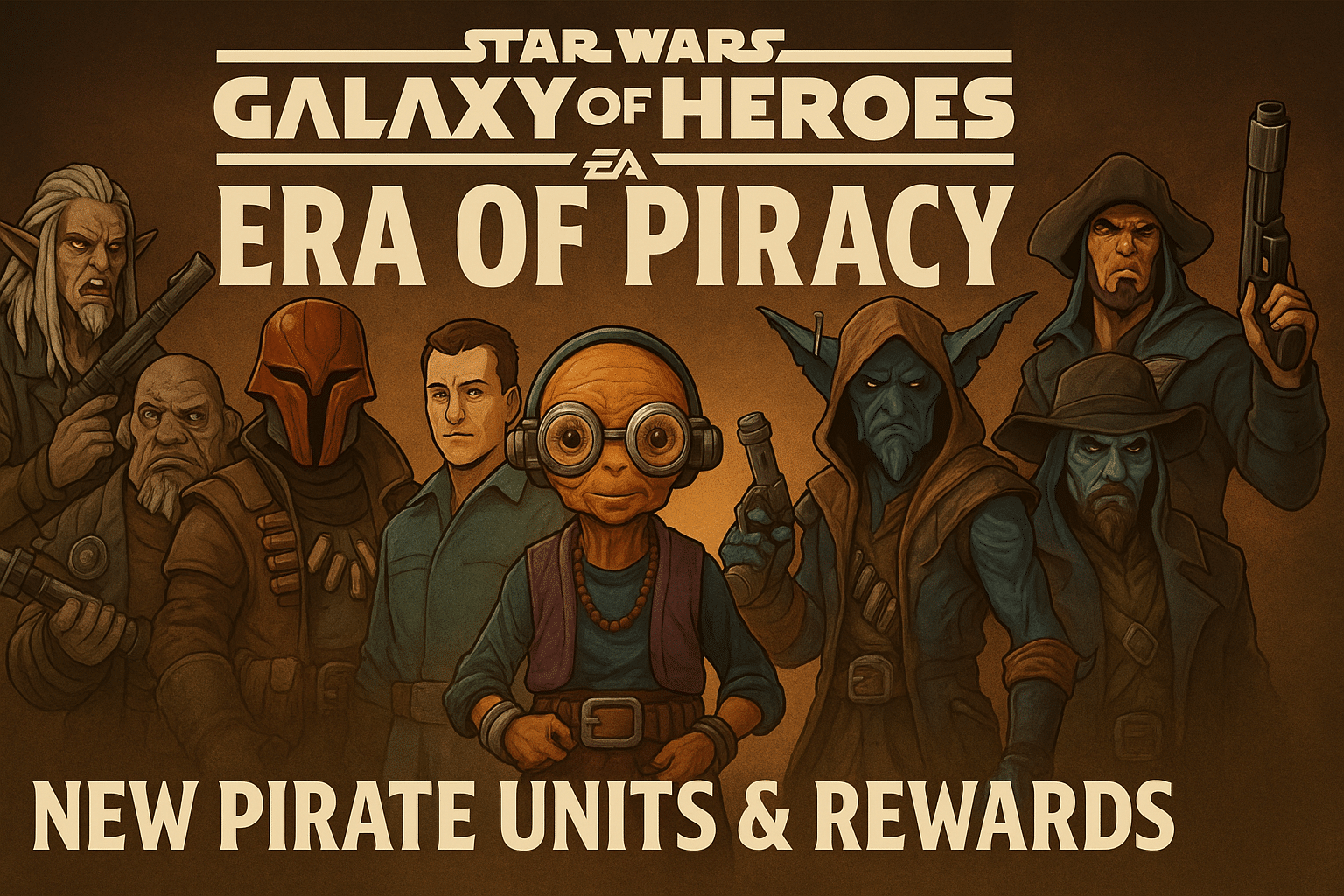 Maz Kanata and pirate-themed Star Wars characters featured in the Galaxy of Heroes Era of Piracy event promo.