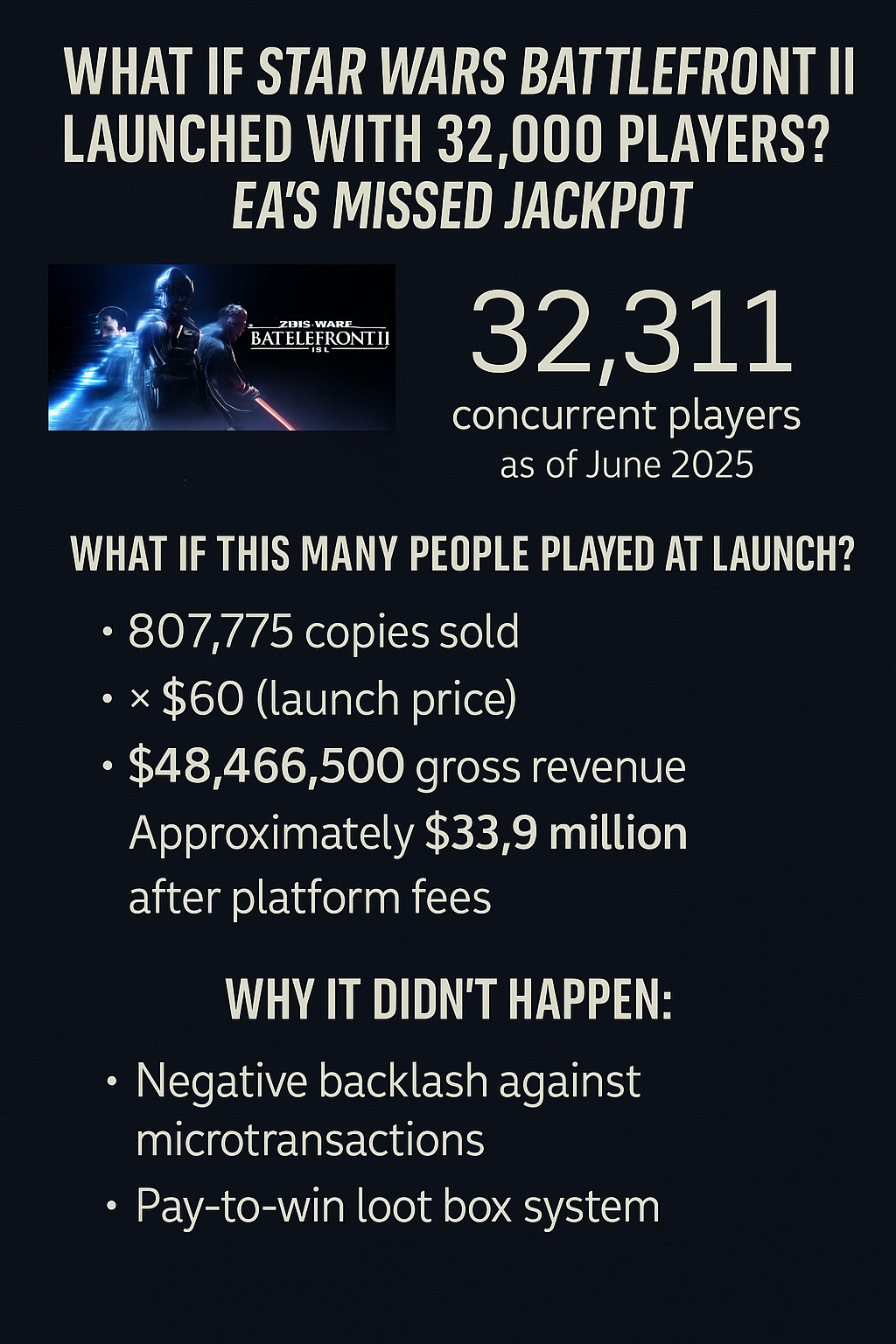 Infographic showing hypothetical earnings for Star Wars Battlefront II if it launched with 32,000 concurrent players.