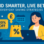 Illustration of a woman using a laptop with floating discount tags, promo codes, and a glowing dollar sign, symbolizing online savings strategies.