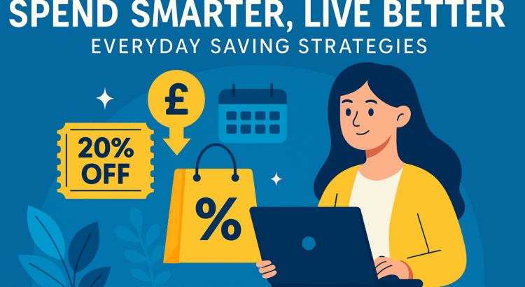 Illustration of a woman using a laptop with floating discount tags, promo codes, and a glowing dollar sign, symbolizing online savings strategies.