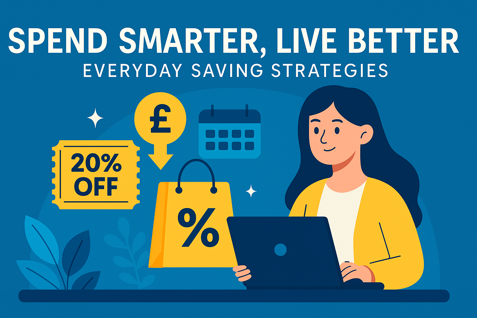 Illustration of a woman using a laptop with floating discount tags, promo codes, and a glowing dollar sign, symbolizing online savings strategies.
