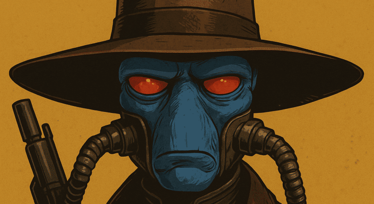 Cad Bane illustration wearing hat and breathing tubes, Star Wars bounty hunter