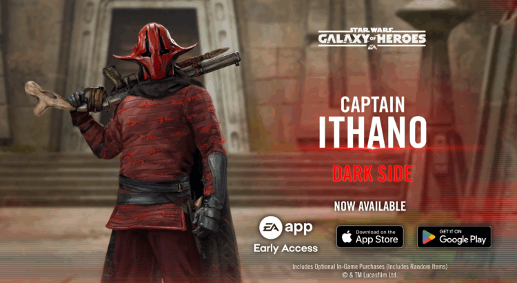Captain Ithano from Star Wars: Galaxy of Heroes in red armor with scattergun