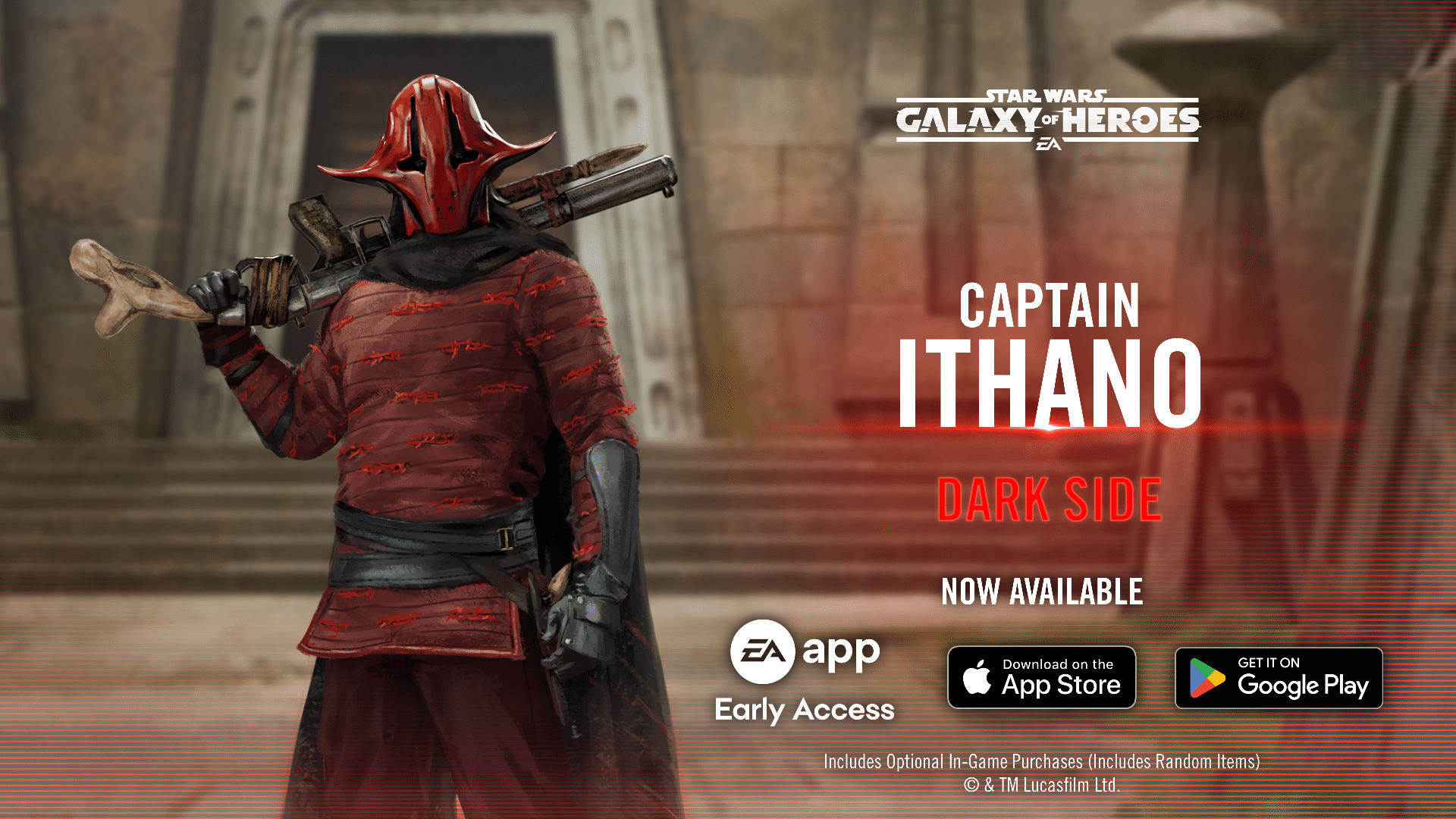 Captain Ithano from Star Wars: Galaxy of Heroes in red armor with scattergun