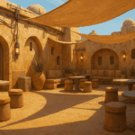 Outdoor cantina-style patio with curved adobe walls, rustic tables, and sci-fi lighting inspired by Mos Eisley from Star Wars.