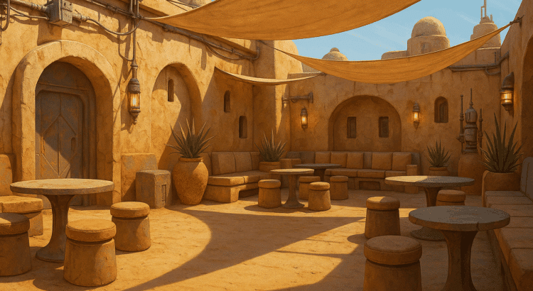 Outdoor cantina-style patio with curved adobe walls, rustic tables, and sci-fi lighting inspired by Mos Eisley from Star Wars.