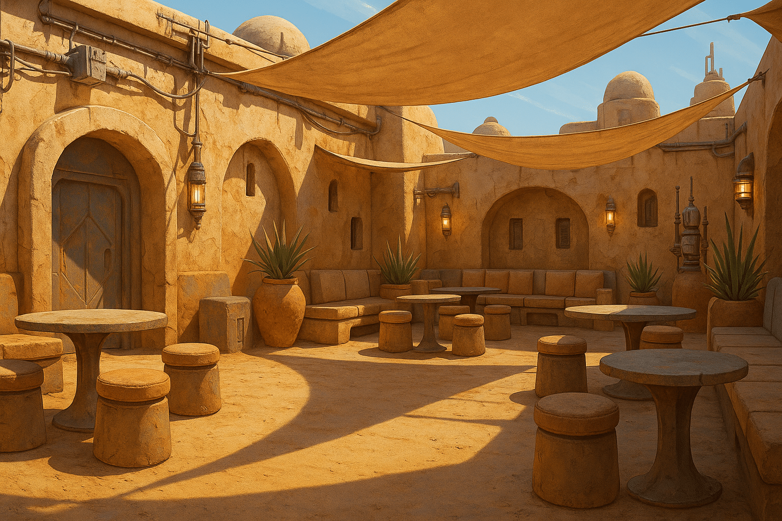 Outdoor cantina-style patio with curved adobe walls, rustic tables, and sci-fi lighting inspired by Mos Eisley from Star Wars.