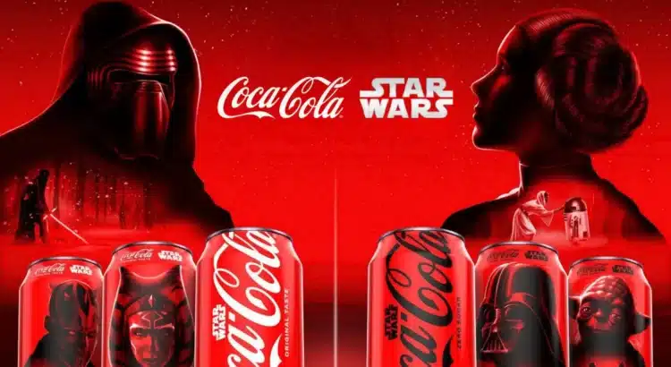 Kylo Ren and Princess Leia in red-themed Coca-Cola Star Wars ad with collectible cans