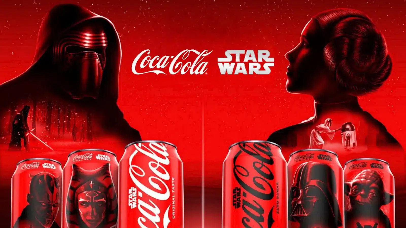 Kylo Ren and Princess Leia in red-themed Coca-Cola Star Wars ad with collectible cans