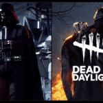 Split image featuring Darth Vader with a lightsaber and a Dead by Daylight killer in fiery woods