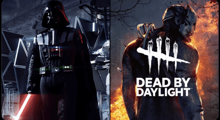 Split image featuring Darth Vader with a lightsaber and a Dead by Daylight killer in fiery woods