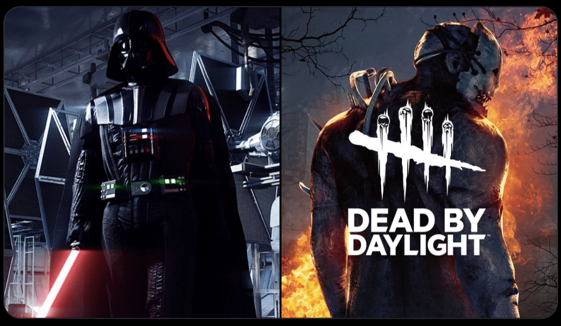 Split image featuring Darth Vader with a lightsaber and a Dead by Daylight killer in fiery woods
