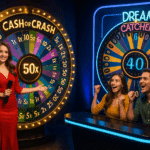 Female host presenting Cash or Crash wheel with prize multipliers, Dream Catcher wheel and enthusiastic players in a neon-lit live casino studio.
