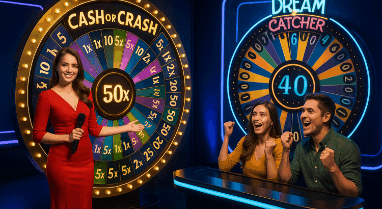 Female host presenting Cash or Crash wheel with prize multipliers, Dream Catcher wheel and enthusiastic players in a neon-lit live casino studio.