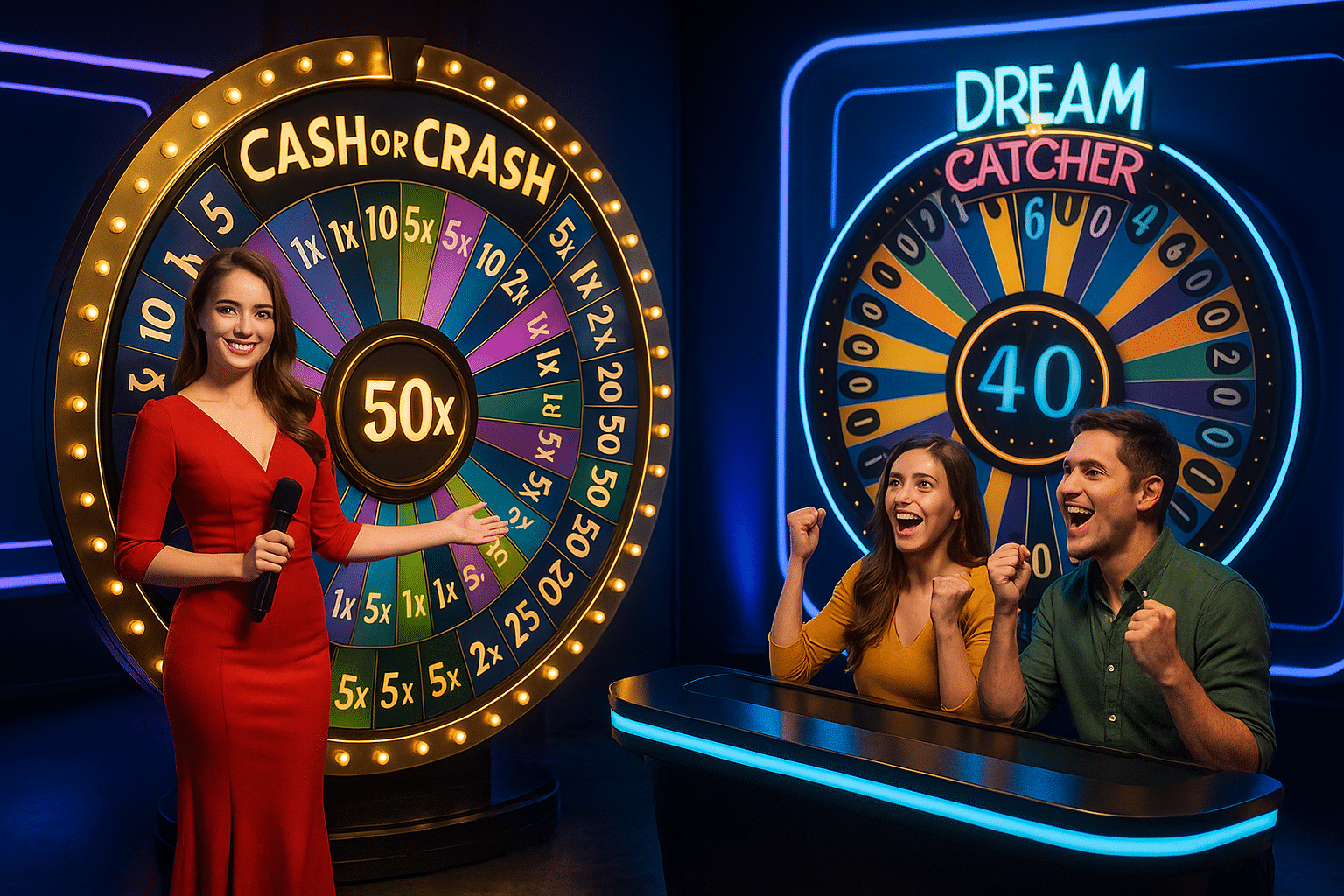 Female host presenting Cash or Crash wheel with prize multipliers, Dream Catcher wheel and enthusiastic players in a neon-lit live casino studio.