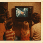 Vintage Polaroid photo of a 1980s family watching Star Wars Death Star trench run on a CRT TV
