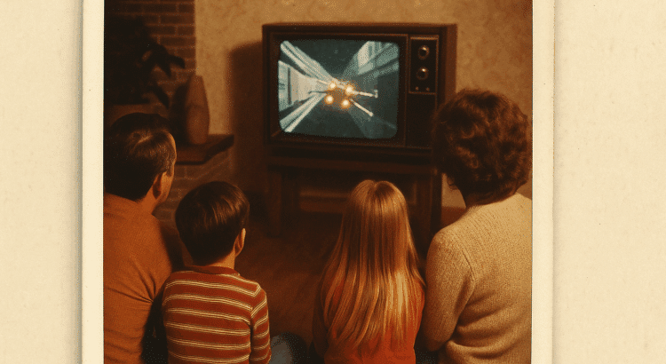 Vintage Polaroid photo of a 1980s family watching Star Wars Death Star trench run on a CRT TV