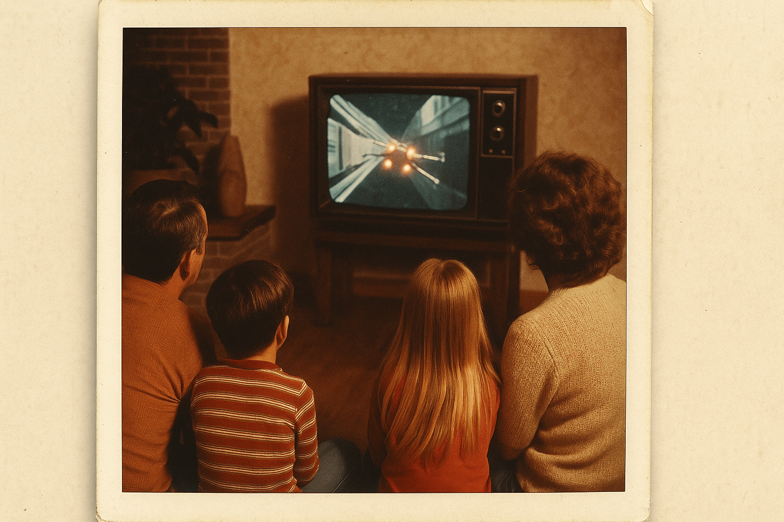 Vintage Polaroid photo of a 1980s family watching Star Wars Death Star trench run on a CRT TV