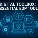 Split-screen digital illustration of essential EDP tools, featuring a tablet with apps on one side and a corporate dashboard on the other.