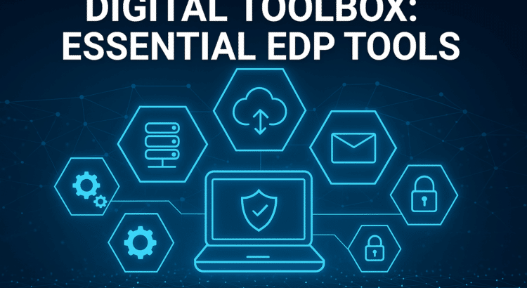 Split-screen digital illustration of essential EDP tools, featuring a tablet with apps on one side and a corporate dashboard on the other.