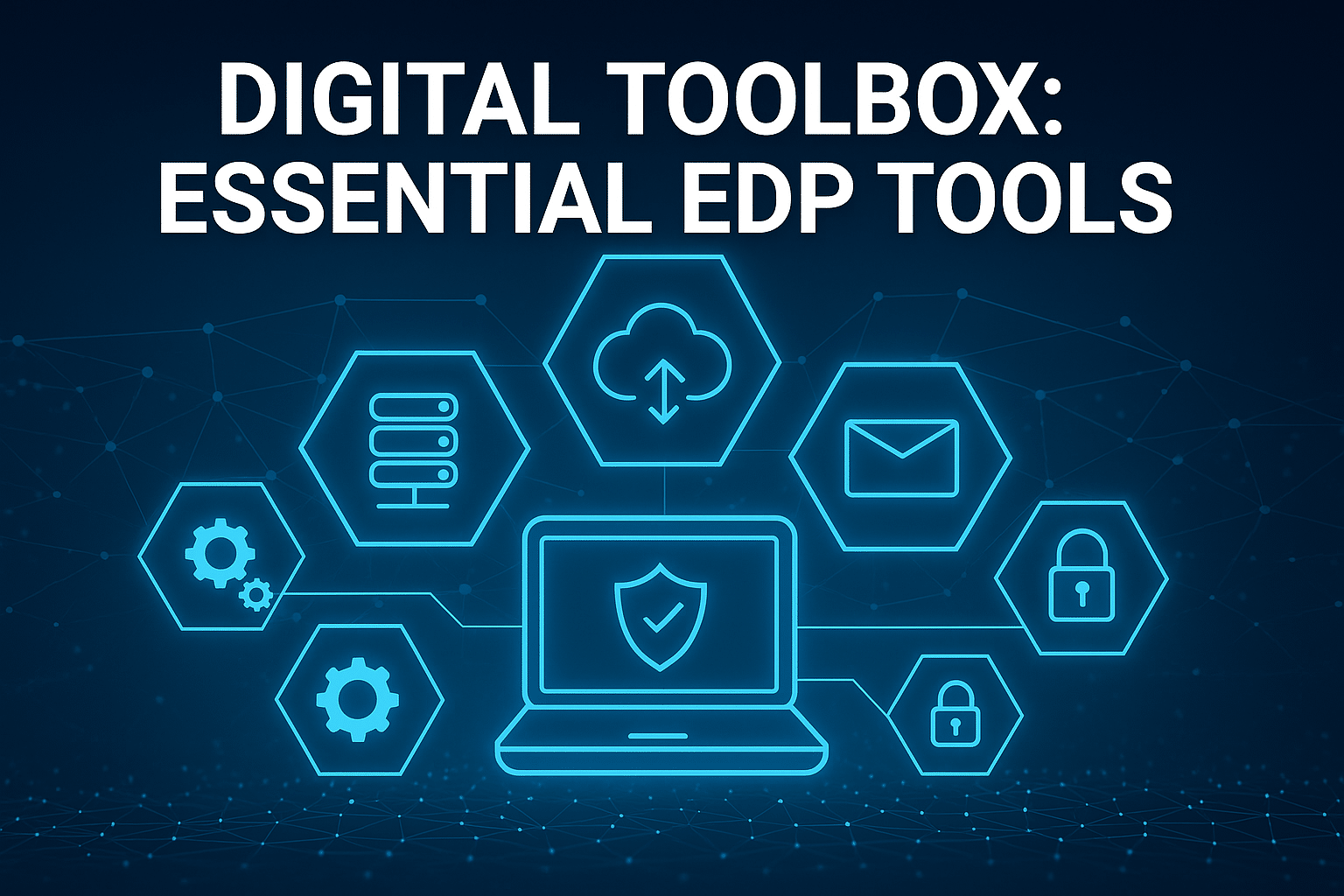Split-screen digital illustration of essential EDP tools, featuring a tablet with apps on one side and a corporate dashboard on the other.